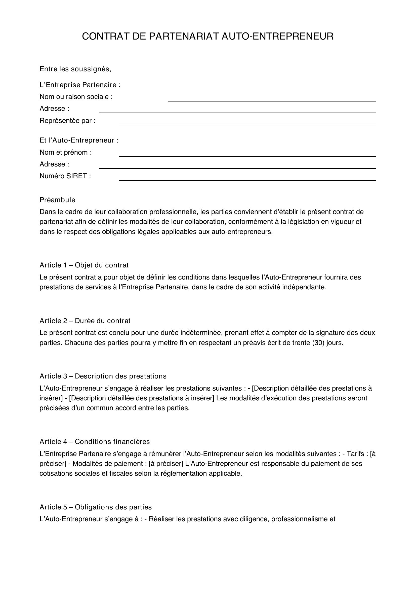 Modèle Contrat Partenariat Auto-Entrepreneur
