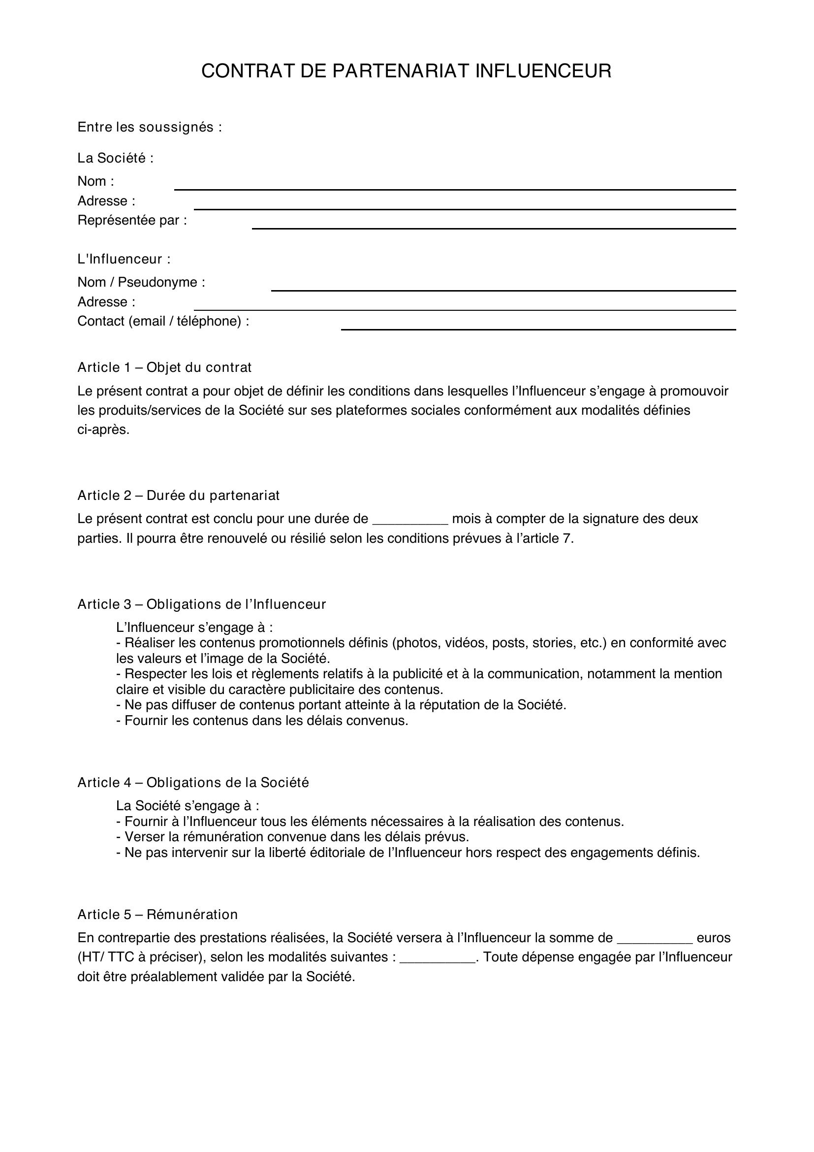 Contrat Partenariat Influenceur
