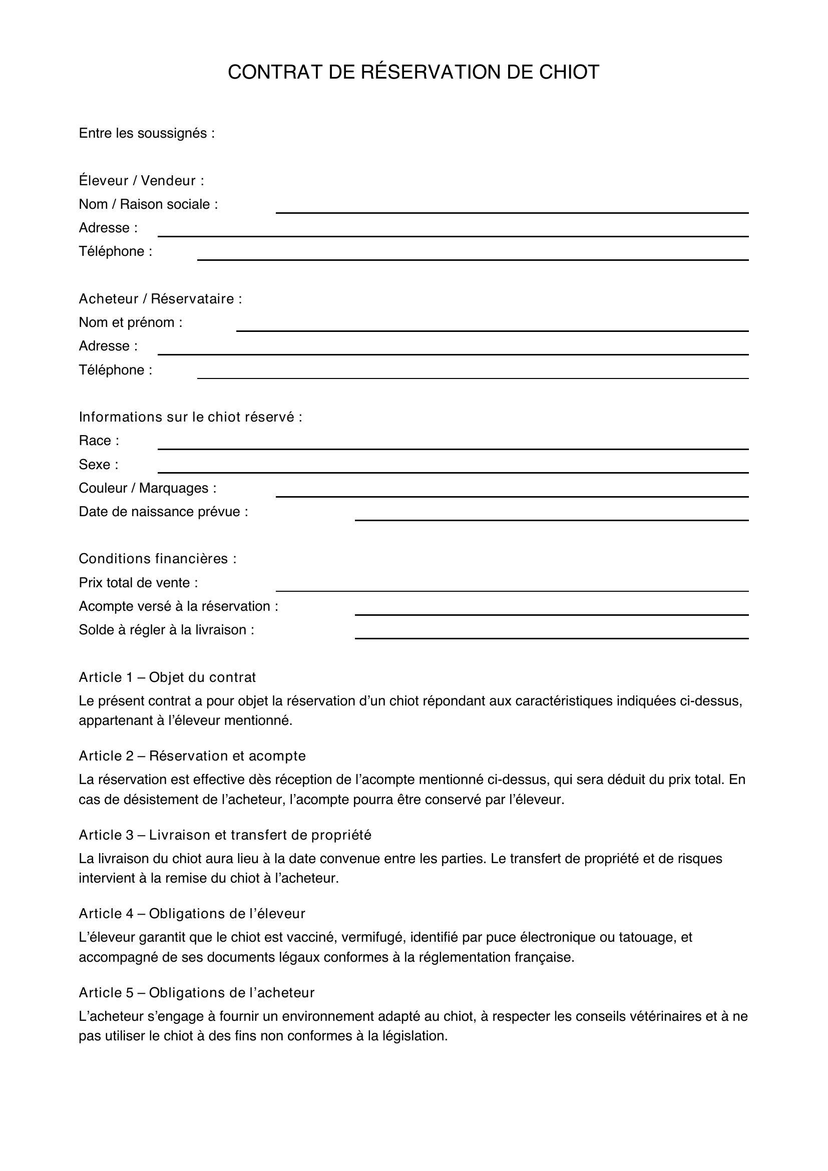Contrat Réservation Chiot