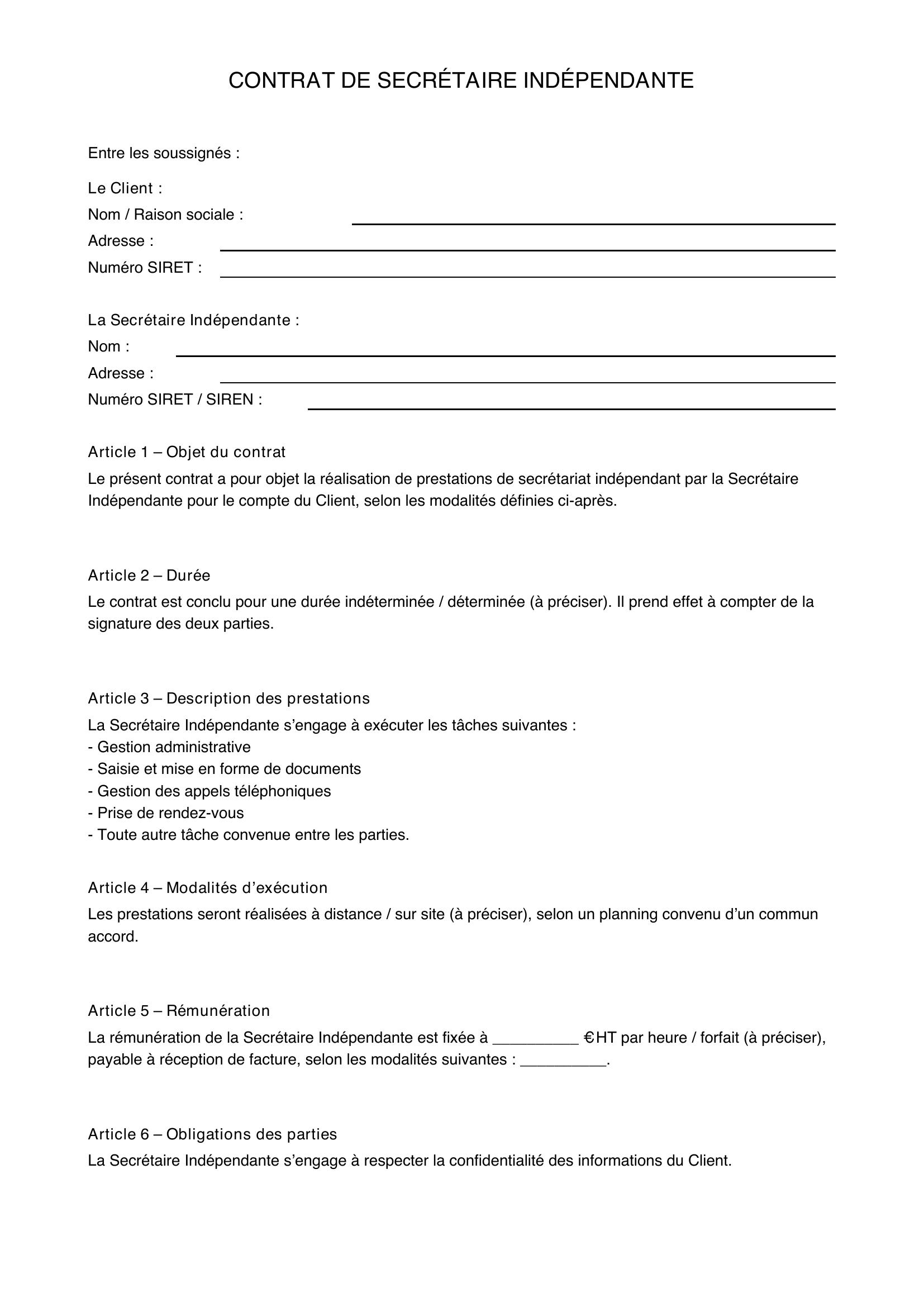 Modèle Contrat Secrétaire Indépendante