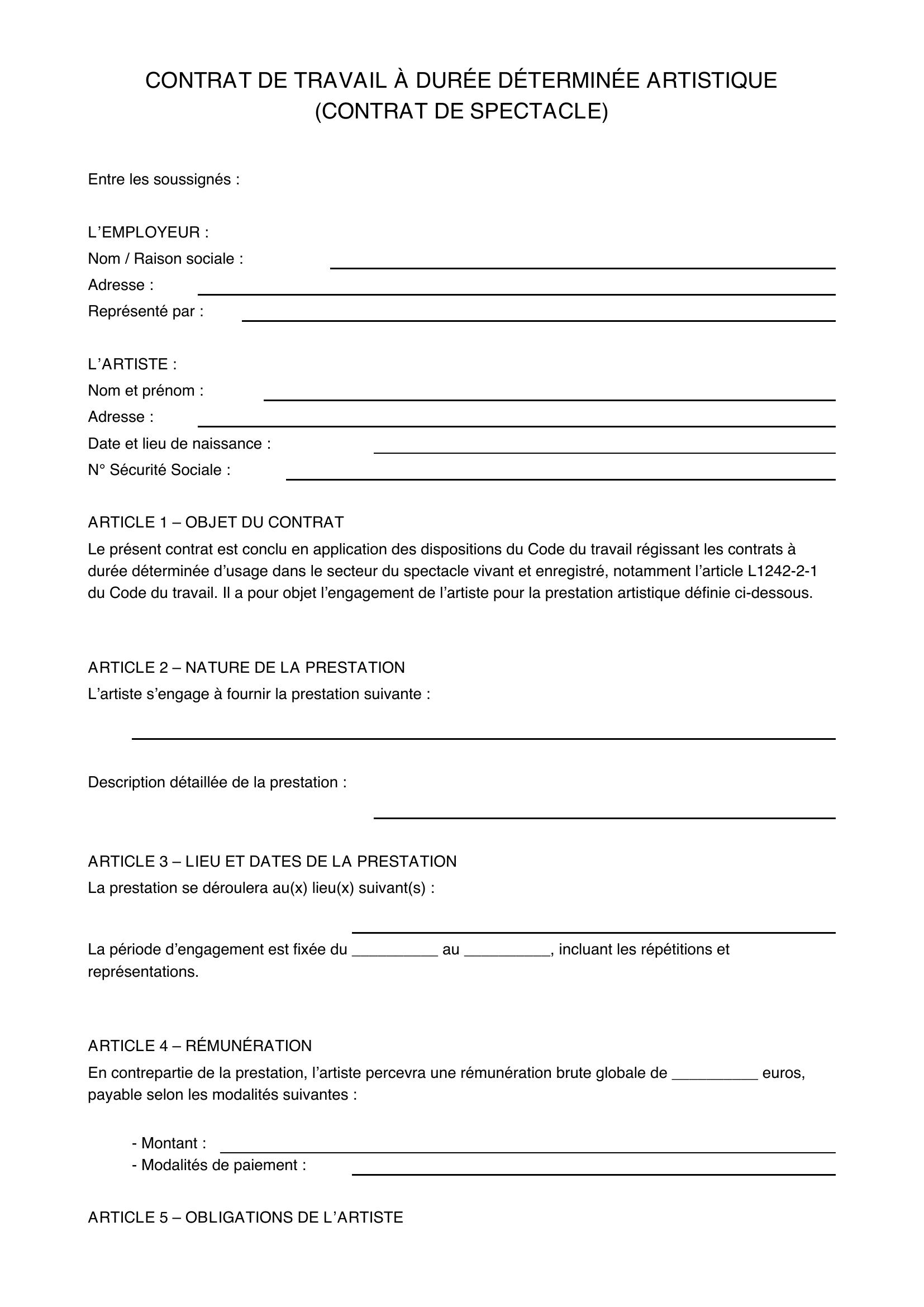 Modèle Contrat Spectacle