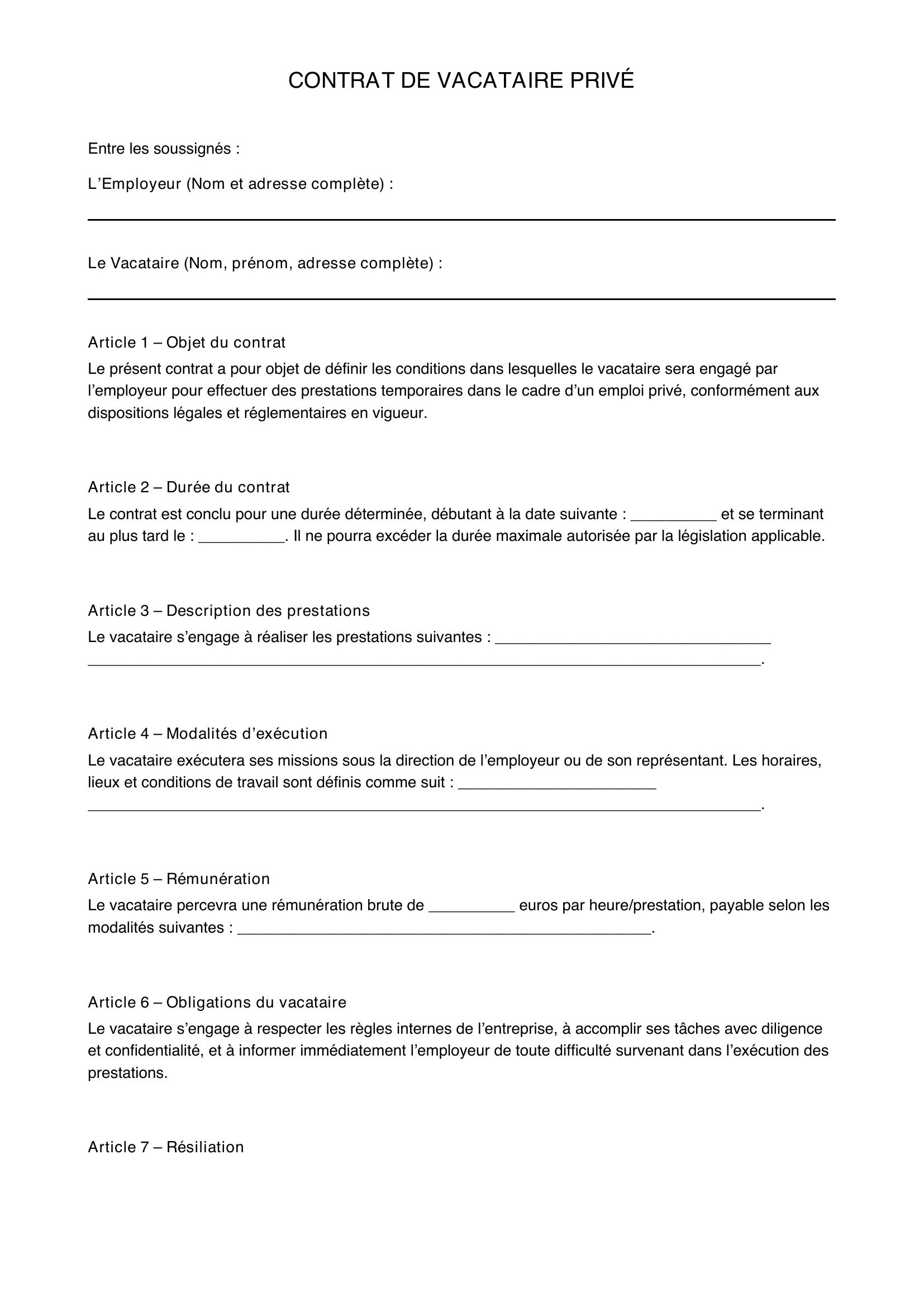 Modèle Contrat Vacataire Privé