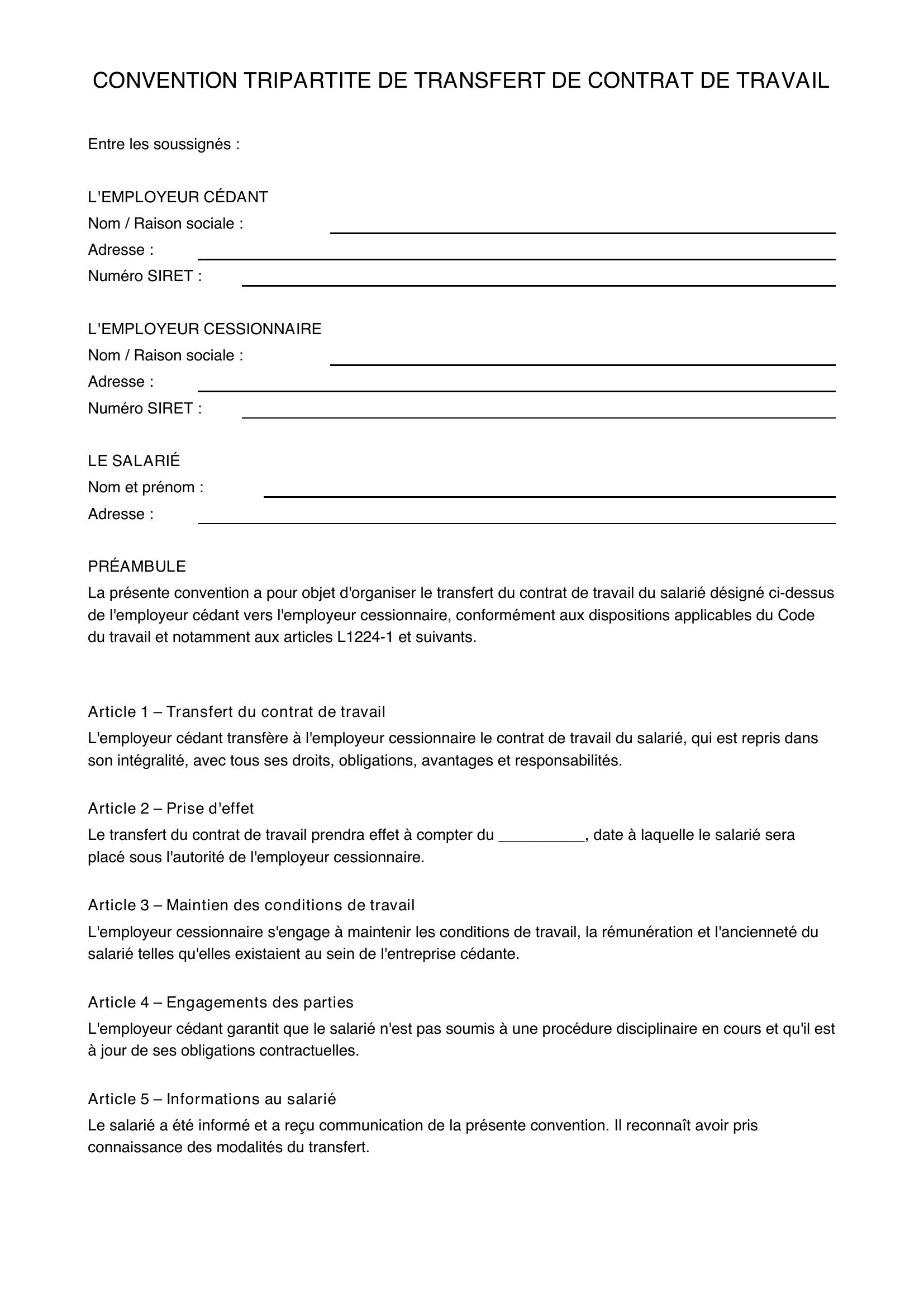 Modèle Convention Tripartite Transfert De Contrat De Travail
